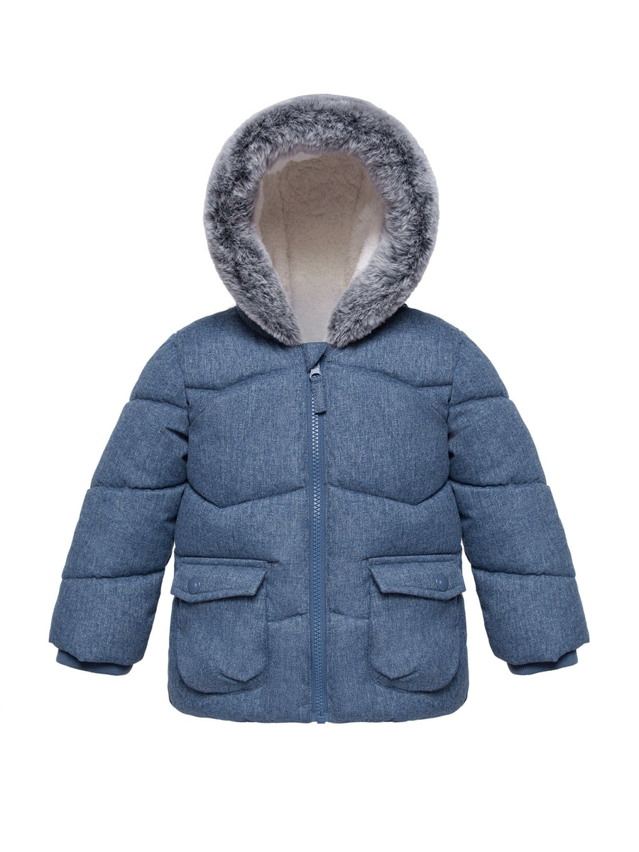 Infant Boys' Sherpa Lined Mini Fur Trim Hooded Puffer Jacket Baby & Toddler Outerwear 6-9M / Warm Navy Textured Rokka & Rolla
