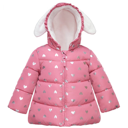 Infant Girls' Soft Fur Hooded Puffer Jacket Baby & Toddler Outerwear 6-9M / Pink Coral/Heart Foil Print Rokka & Rolla