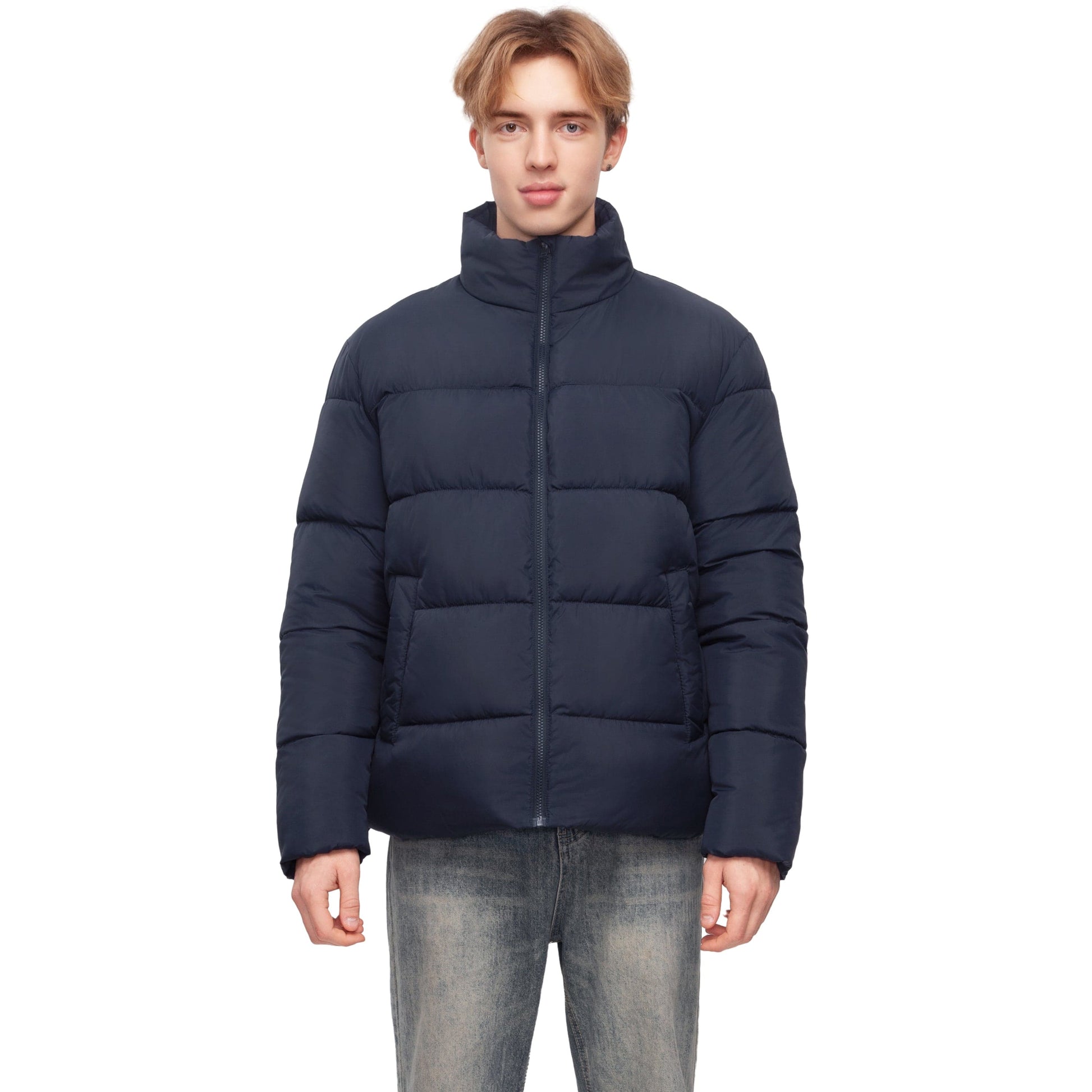 Men's Essential Puffer Jacket Water Resistant Insulated Winter Coat Stand Collar - Navy Coats & Jackets Rokka&Rolla