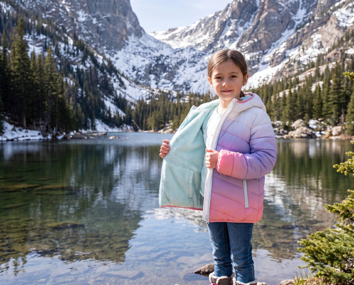 Girls Reversible Puffer Jacket with Gradient Print Solid Color Quilted Outerwear - Cotton Candy Ombre