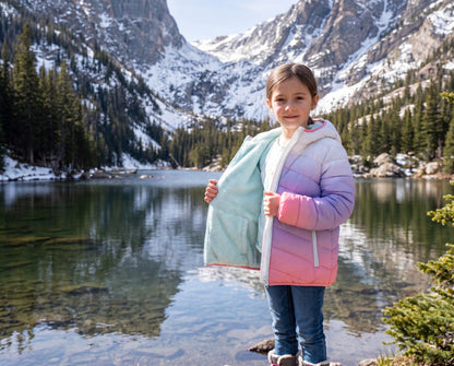 Girls Reversible Puffer Jacket with Gradient Print Solid Color Quilted Outerwear - Cotton Candy Ombre