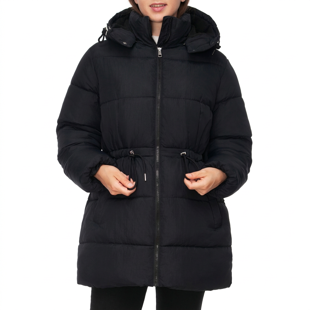 Women's Winter Puffer Jacket Cinch Waist Fleece Hood Parka Coat - Black