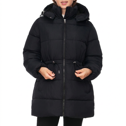 Women's Winter Puffer Jacket Cinch Waist Fleece Hood Parka Coat - Black