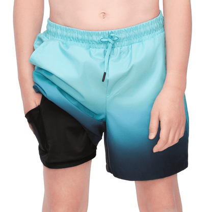 Rokka&Rolla Boys' Swim Trunks with Boxer Brief Compression Liner Quick Dry Kids Bathing Suit, UPF 50+ - Aqua Blue Gradient Swimwear Rokka&Rolla