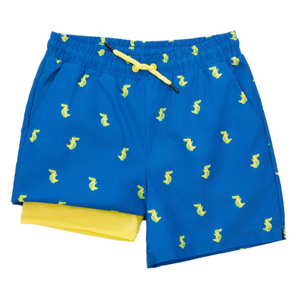 Rokka&Rolla Boys' Swim Trunks with Boxer Brief Compression Liner Quick Dry Kids Bathing Suit, UPF 50+ - Blue Crocodile Print Rokka&Rolla