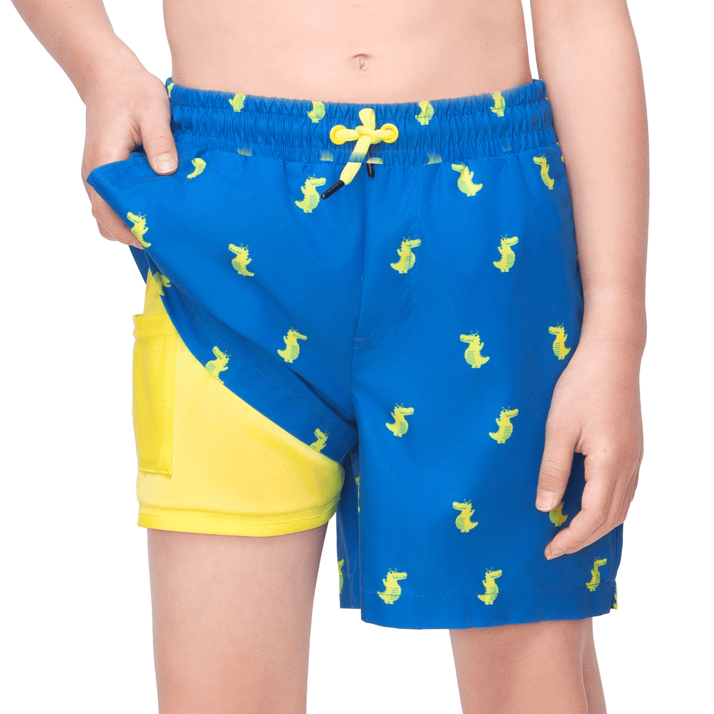 Rokka&Rolla Boys' Swim Trunks with Boxer Brief Compression Liner Quick Dry Kids Bathing Suit, UPF 50+ - Blue Crocodile Print Swimwear Rokka&Rolla