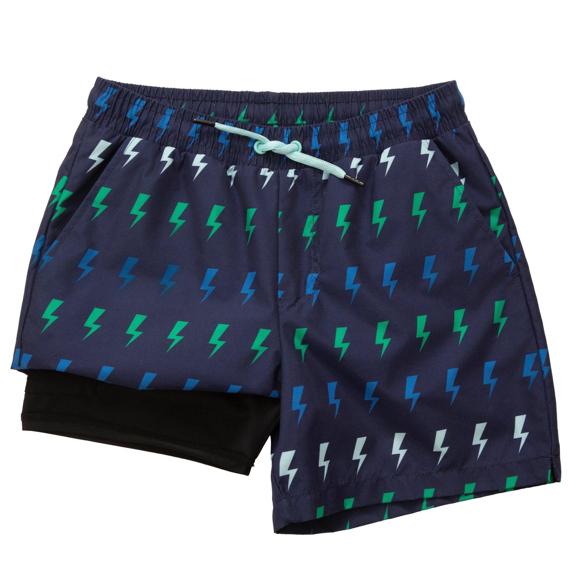 Rokka&Rolla Boys' Swim Trunks with Boxer Brief Compression Liner Quick Dry Kids Bathing Suit, UPF 50+ - Navy Lightning Print Rokka&Rolla