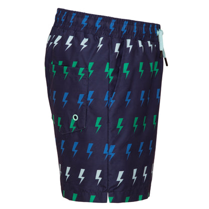 Rokka&Rolla Boys' Swim Trunks with Boxer Brief Compression Liner Quick Dry Kids Bathing Suit, UPF 50+ - Navy Lightning Print Rokka&Rolla