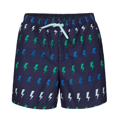 Rokka&Rolla Boys' Swim Trunks with Boxer Brief Compression Liner Quick Dry Kids Bathing Suit, UPF 50+ - Navy Lightning Print Rokka&Rolla