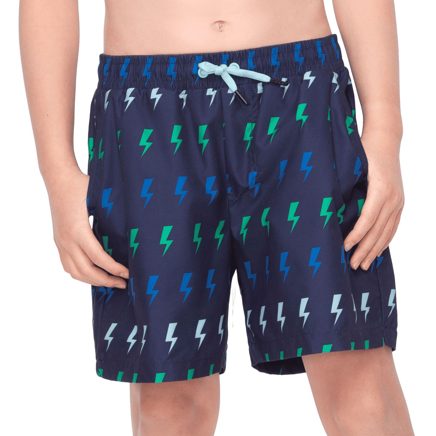 Rokka&Rolla Boys' Swim Trunks with Boxer Brief Compression Liner Quick Dry Kids Bathing Suit, UPF 50+ - Navy Lightning Print Swimwear Rokka&Rolla