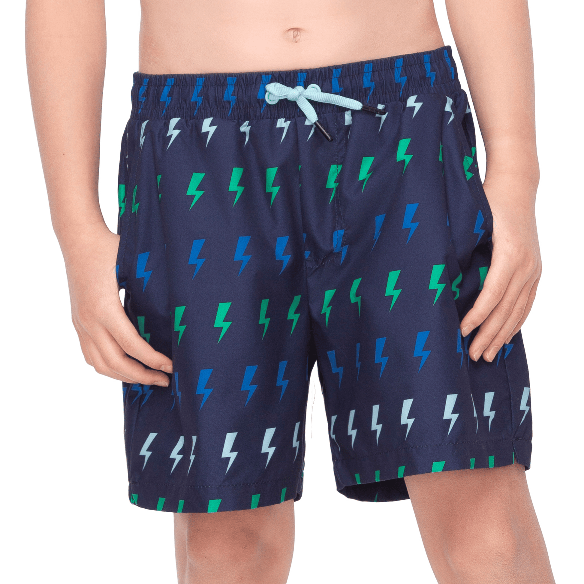 Rokka&Rolla Boys' Swim Trunks with Boxer Brief Compression Liner Quick Dry Kids Bathing Suit, UPF 50+ - Navy Lightning Print Swimwear Rokka&Rolla