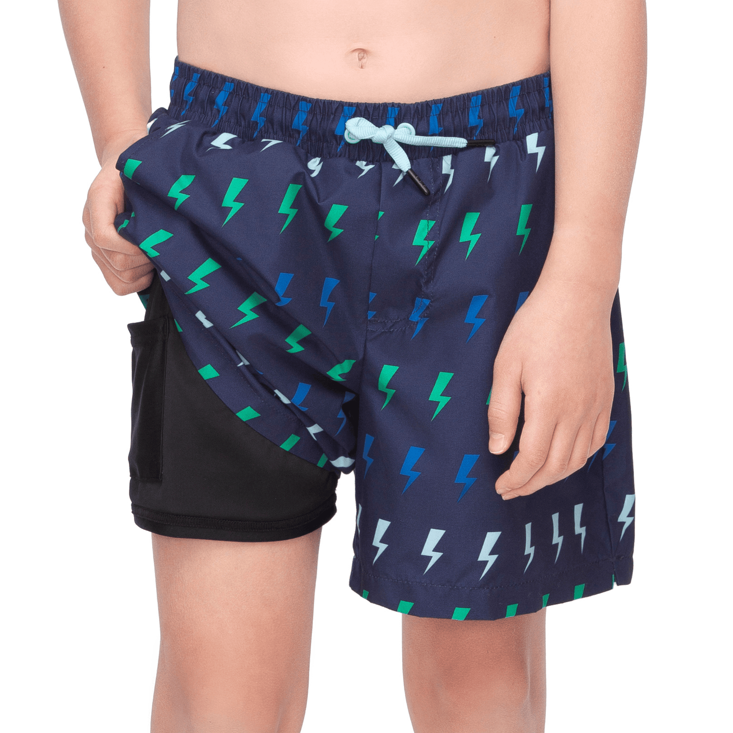 Rokka&Rolla Boys' Swim Trunks with Boxer Brief Compression Liner Quick Dry Kids Bathing Suit, UPF 50+ - Navy Lightning Print Swimwear Rokka&Rolla