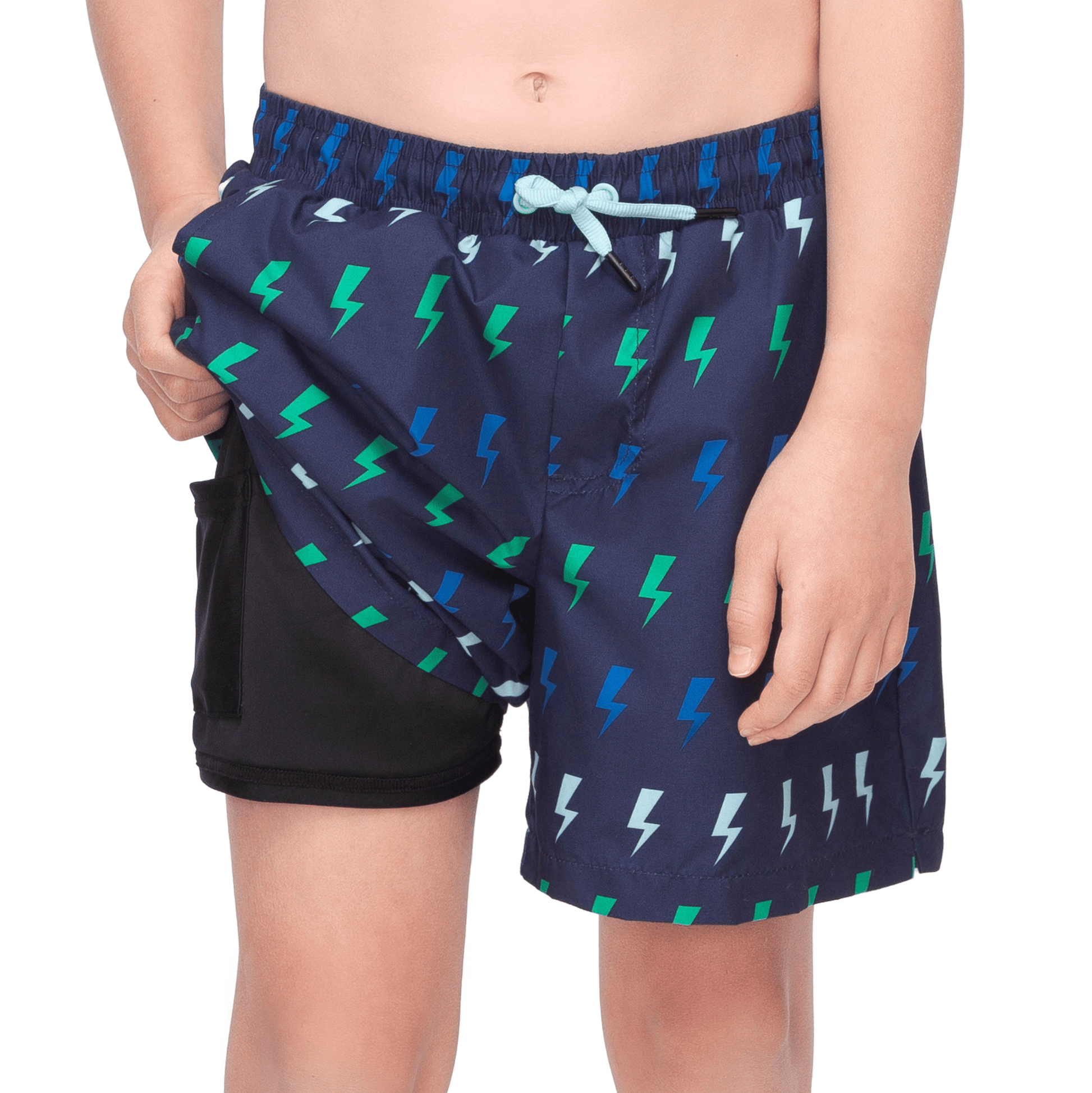 Rokka&Rolla Boys' Swim Trunks with Boxer Brief Compression Liner Quick Dry Kids Bathing Suit, UPF 50+ - Navy Lightning Print Swimwear Rokka&Rolla
