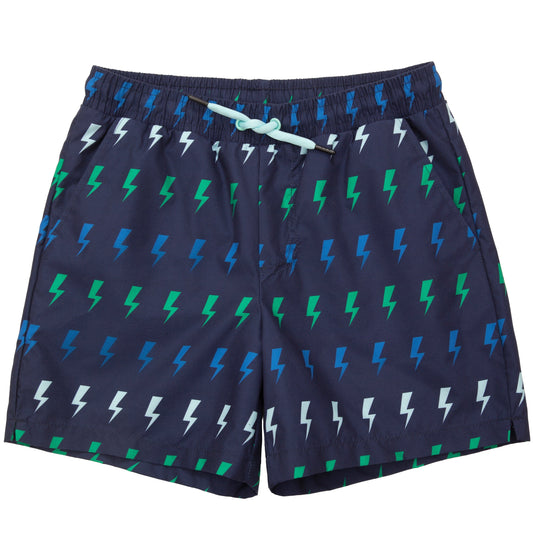 Rokka&Rolla Boys' Swim Trunks with Boxer Brief Compression Liner Quick Dry Kids Bathing Suit, UPF 50+ - Navy Lightning Print XS Rokka&Rolla
