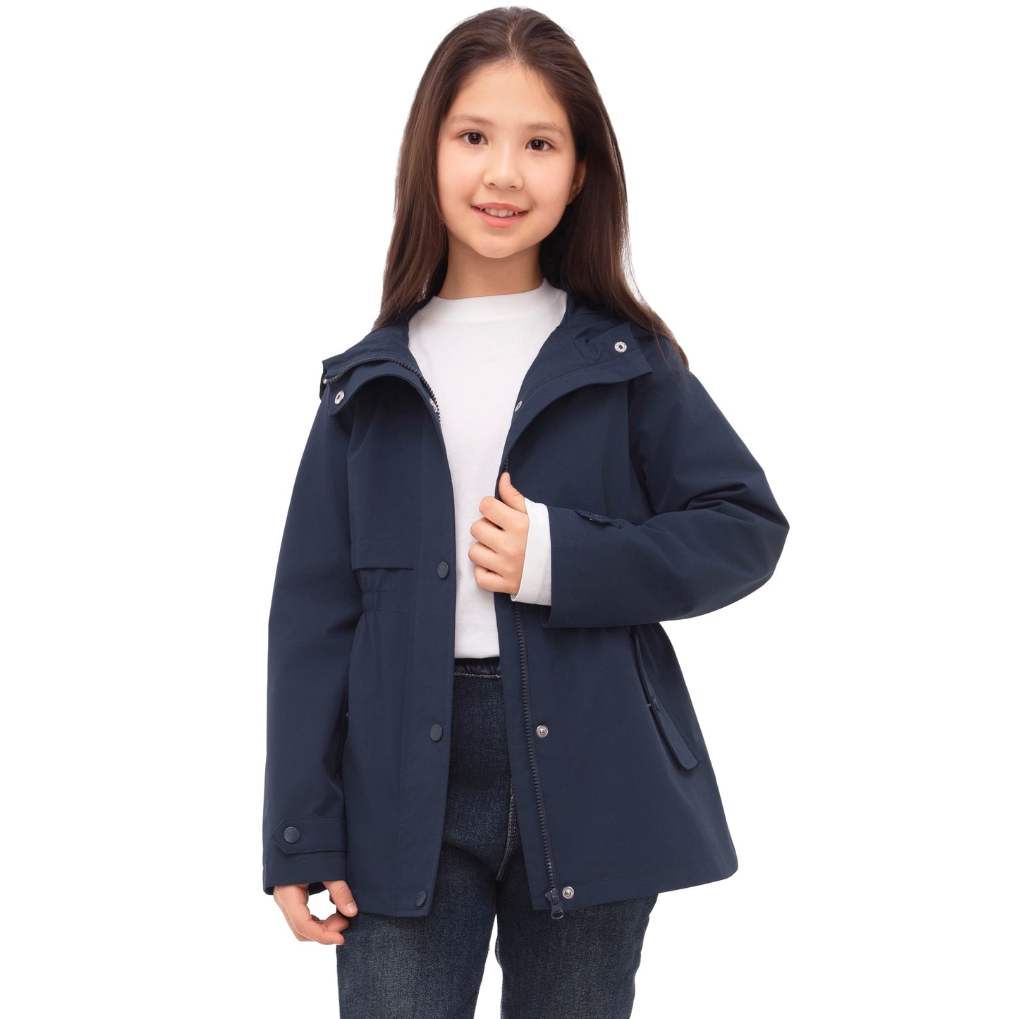Rokka&Rolla Girls' Water Resistant Lightweight Windbreaker Hooded Transitional Jacket - Navy Coats & Jackets Rokka&Rolla
