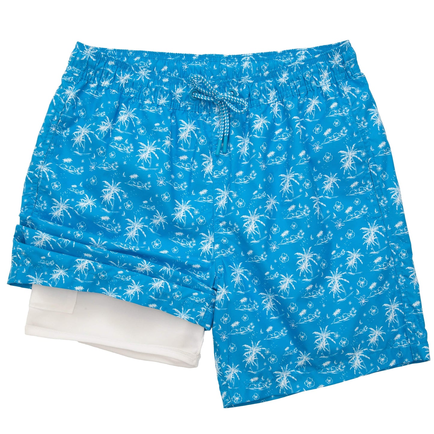 Rokka&Rolla Men's Swim Trunks with Compression Liner 7" Bathing Suit Quick Dry Board Shorts - Blue Tropical Print Rokka&Rolla