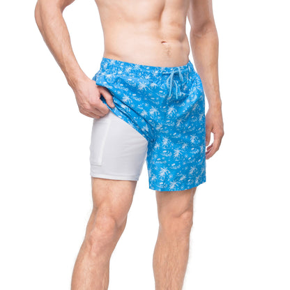 Rokka&Rolla Men's Swim Trunks with Compression Liner 7" Bathing Suit Quick Dry Board Shorts - Blue Tropical Print Swimwear Rokka&Rolla