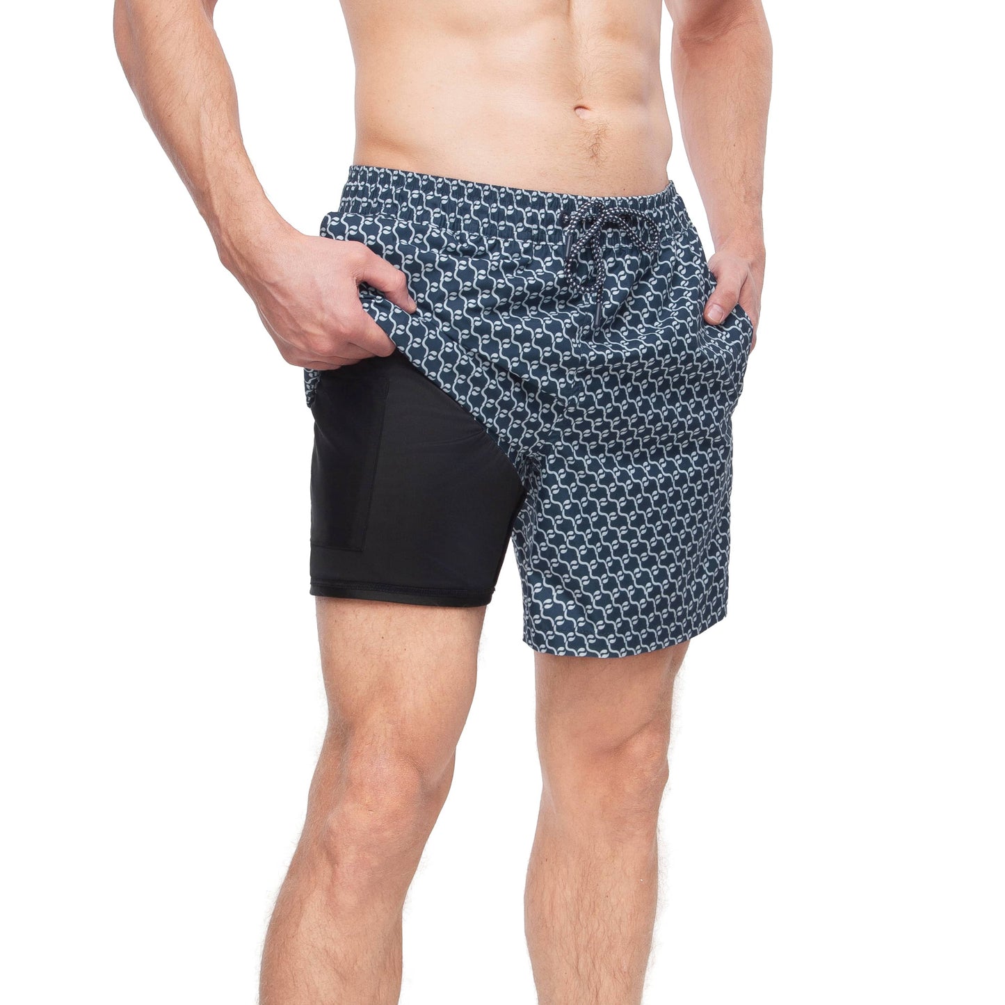 Rokka&Rolla Men's Swim Trunks with Compression Liner 7" Bathing Suit Quick Dry Board Shorts - Navy Print Swimwear Rokka&Rolla