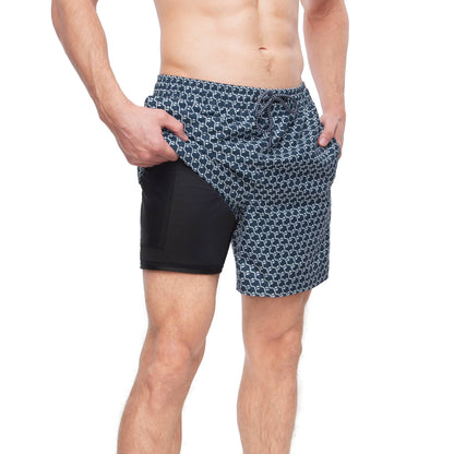 Rokka&Rolla Men's Swim Trunks with Compression Liner 7" Bathing Suit Quick Dry Board Shorts - Navy Print Swimwear Rokka&Rolla