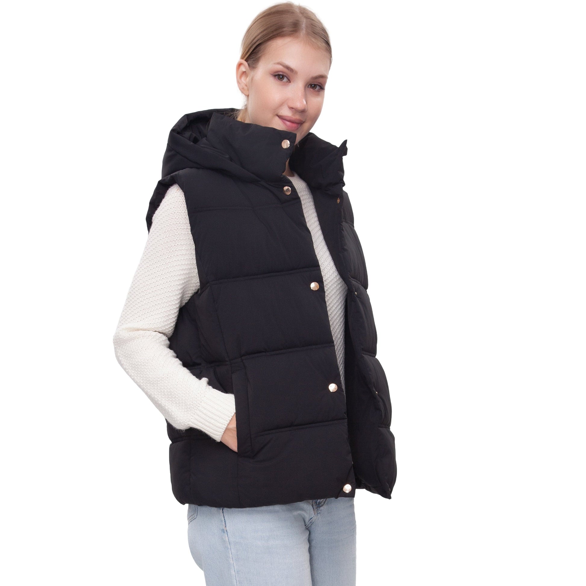 Women's Puffer Hooded Quilted Sleeveless Jacket Insulated Vest -Black Coats & Jackets Rokka&Rolla