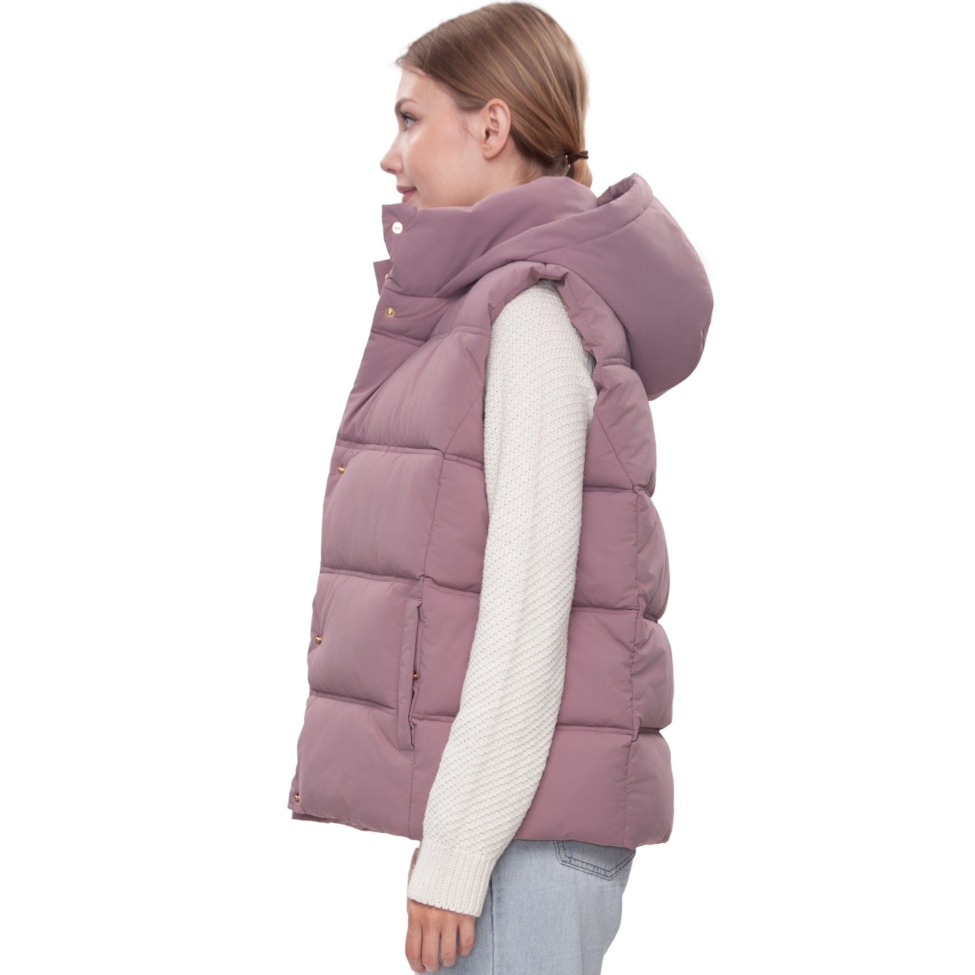 Women's Puffer Hooded Quilted Sleeveless Jacket Insulated Vest - Mauve Coats & Jackets Rokka&Rolla