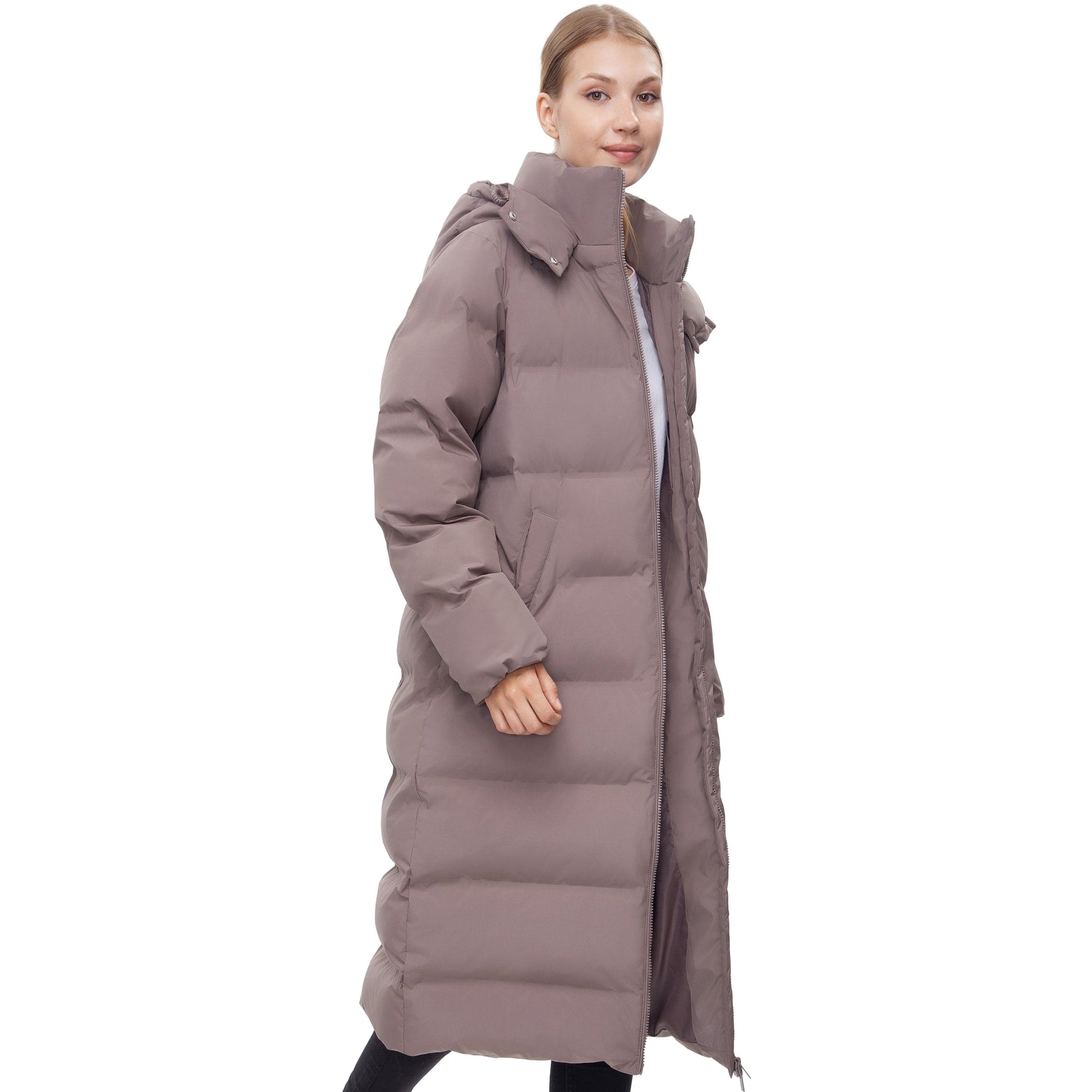 Women's Puffer Jacket Long Padded Coat Two Way Zipper Knee Length Warm Outerwear - Stone Coats & Jackets Rokka&Rolla