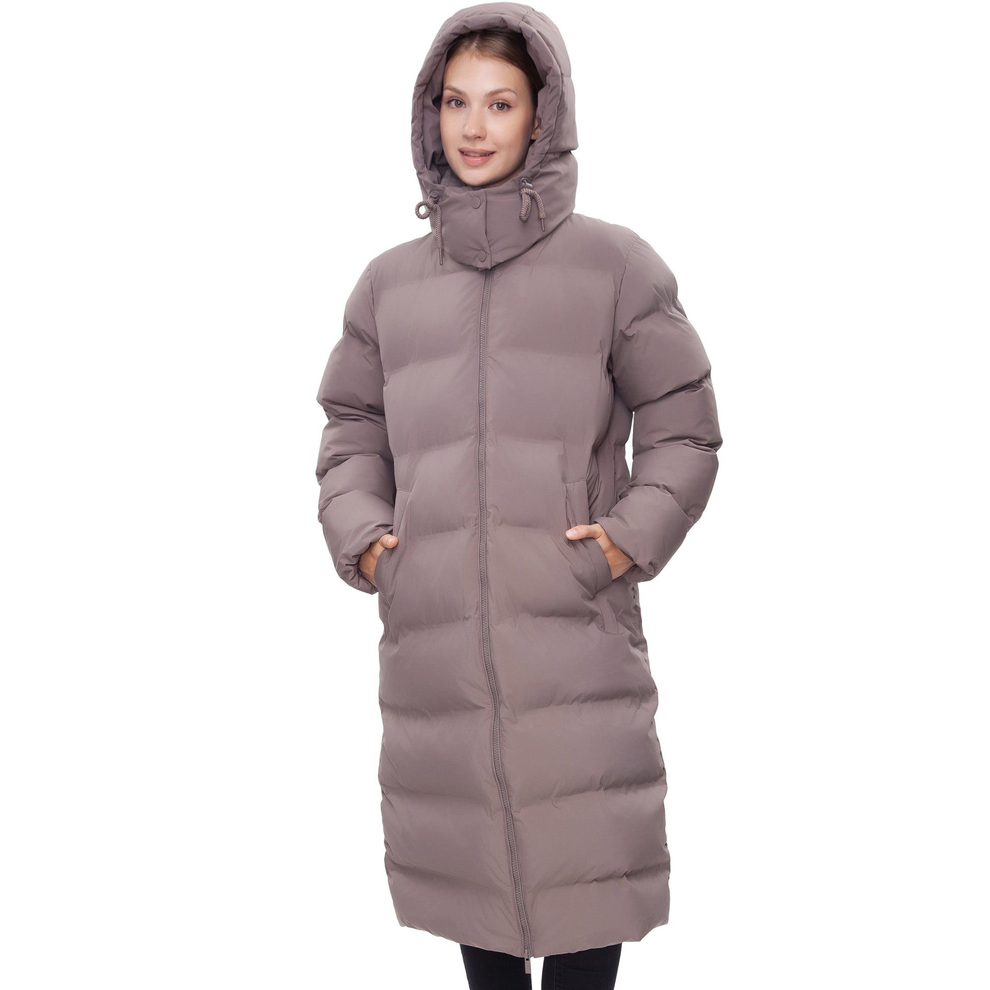 Women's Puffer Jacket Long Padded Coat Two Way Zipper Knee Length Warm Outerwear - Stone Coats & Jackets Rokka&Rolla