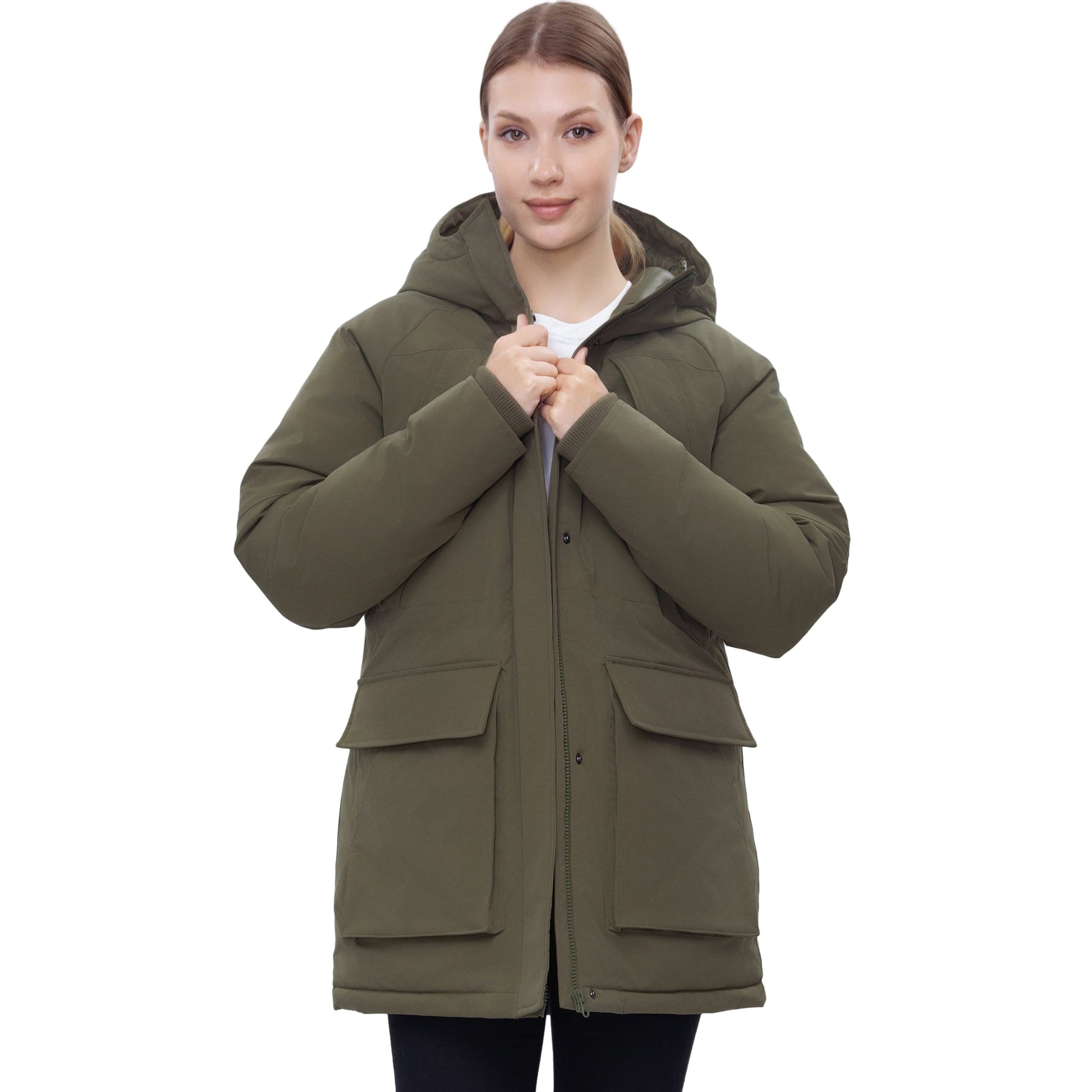 Women's Quilted Jacket Long Line Hip Length Insulated Outerwear - Olive Coats & Jackets Rokka&Rolla