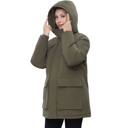 Women's Quilted Jacket Long Line Hip Length Insulated Outerwear - Olive Coats & Jackets Rokka&Rolla