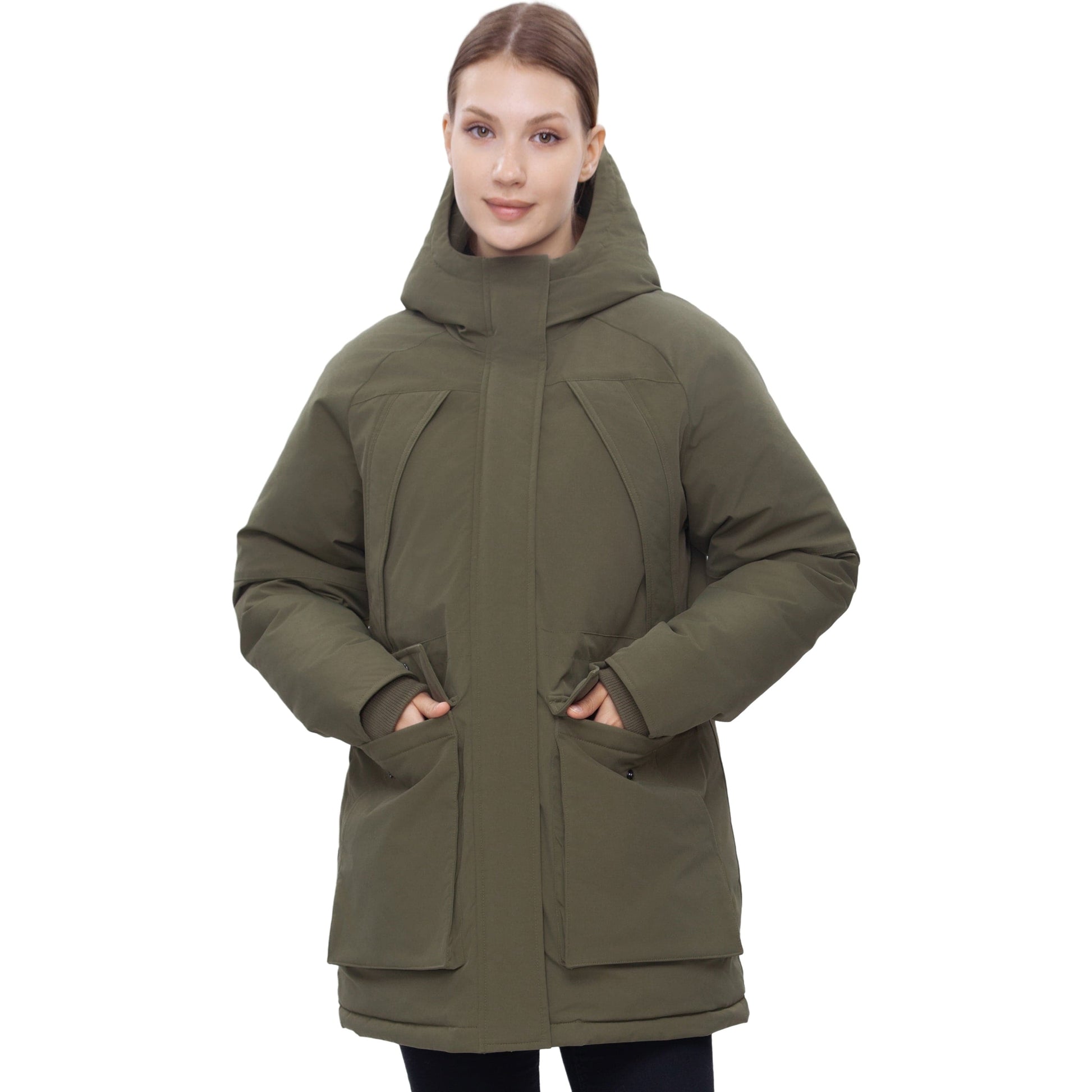 Women's Quilted Jacket Long Line Hip Length Insulated Outerwear - Olive Coats & Jackets Rokka&Rolla