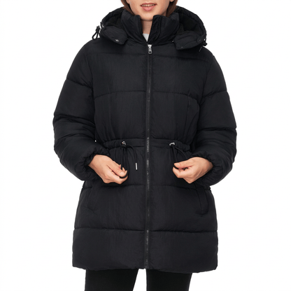 Women's Winter Puffer Jacket Cinch Waist Fleece Hood Parka Coat - Black Coats & Jackets Rokka&Rolla
