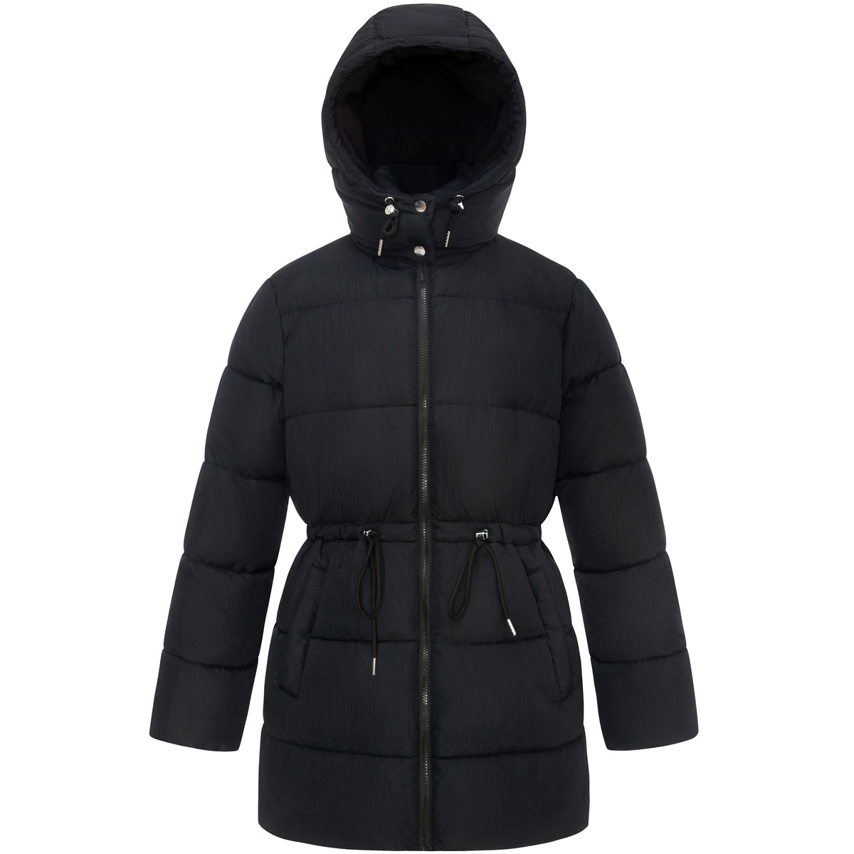 Women's Winter Puffer Jacket Cinch Waist Fleece Hood Parka Coat - Black Coats & Jackets S Rokka&Rolla