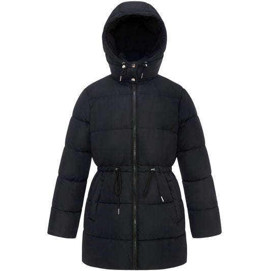 Women's Winter Puffer Jacket Cinch Waist Fleece Hood Parka Coat - Black Coats & Jackets S Rokka&Rolla