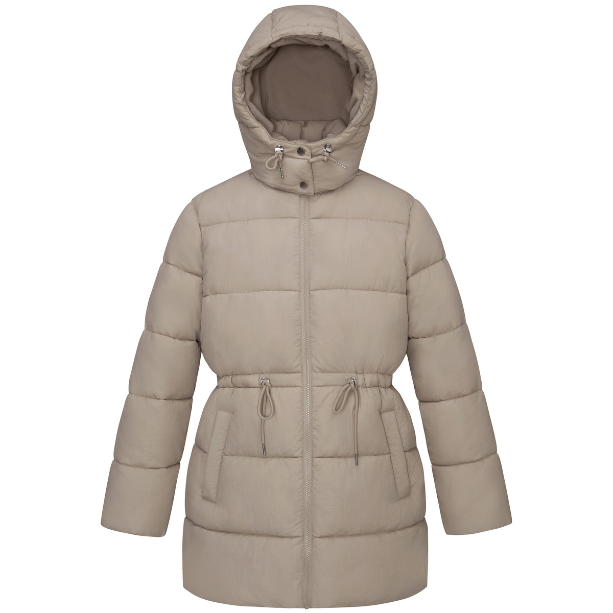Women's Winter Puffer Jacket Cinch Waist Fleece Hood Parka Coat - Khaki Coats & Jackets S Rokka&Rolla