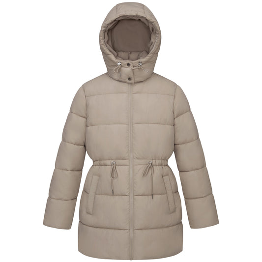 Women's Winter Puffer Jacket Cinch Waist Fleece Hood Parka Coat - Khaki Coats & Jackets S Rokka&Rolla