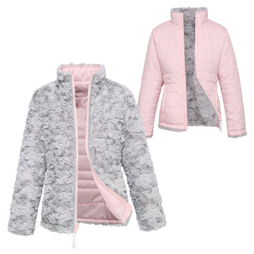 Girls' Reversible Sherpa Fleece Puffer Jacket XS (4-5) / Frost Gray/Chalk Pink Rokka & Rolla
